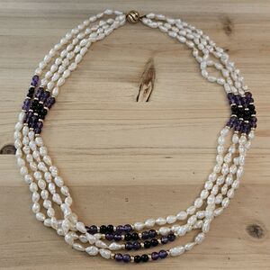 14k Yellow Gold Seed Pearl, Amethyst, and Onyx Multi-Strand Necklace